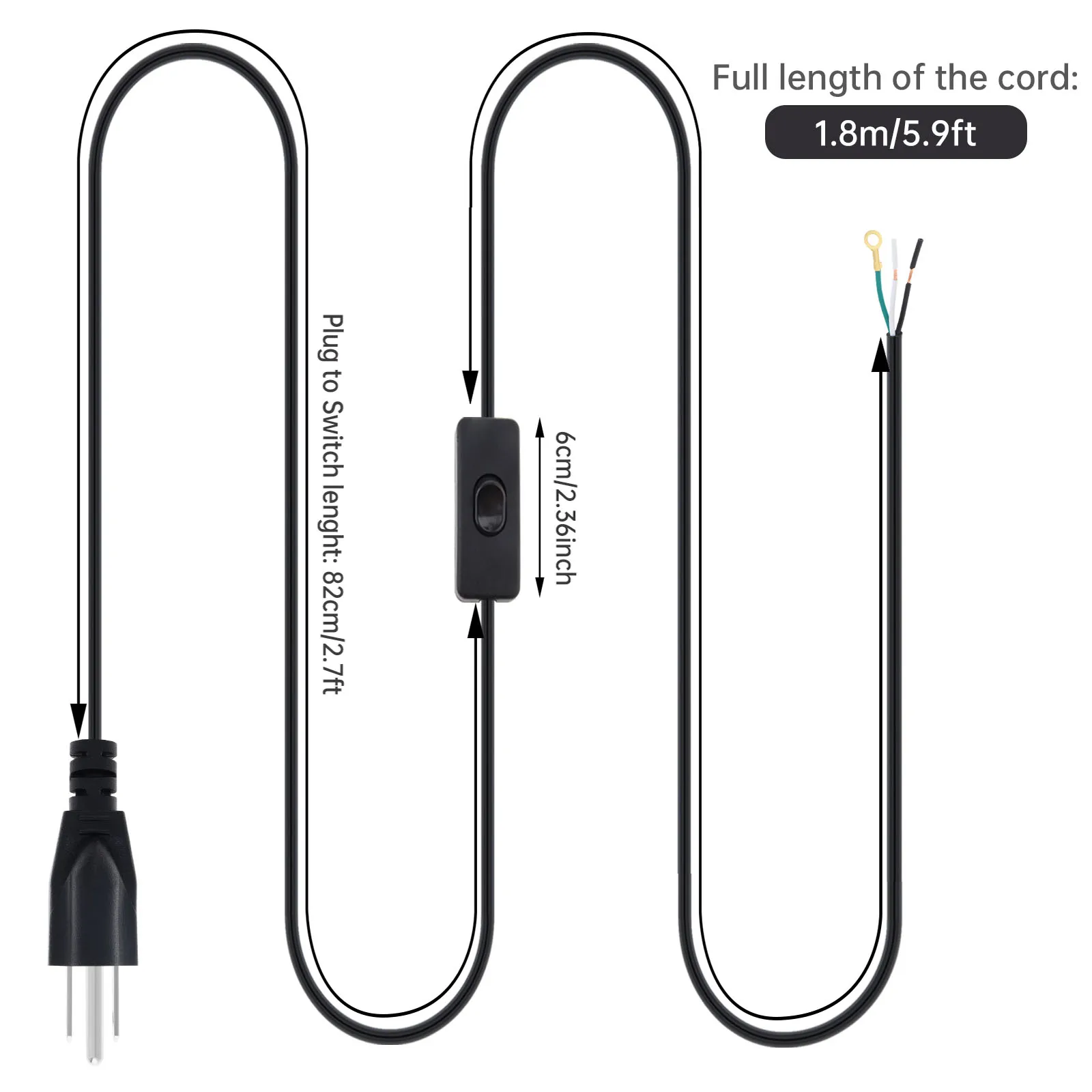 1.8M 3-Cord لمبة مكتب سلك الطاقة الولايات المتحدة التوصيل سلك عدة تمديد موصل مع مفتاح تشغيل/إيقاف ، الأسلاك المفتوحة