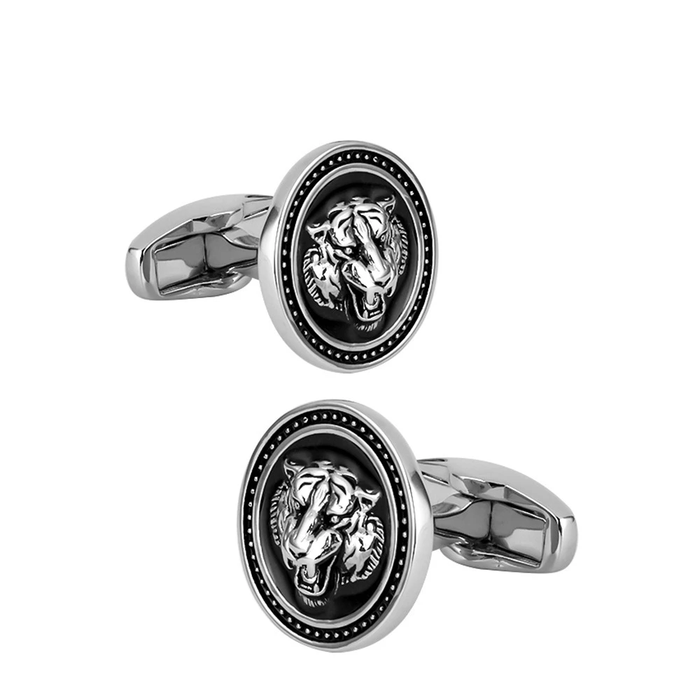 Retro Tiger Head Relief Cufflinks Men's French Shirt Cuff Button Round Cross Cuff Nail for Business Dress Decoration Accessory