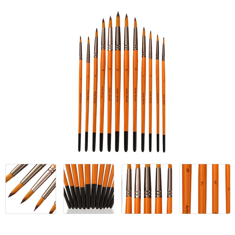 

12 Pcs Solid Wood Aluminum Tube Paint Brushes Round Miniature Watercolor Pens for Acrylic Gouache Oil Painting Gifts