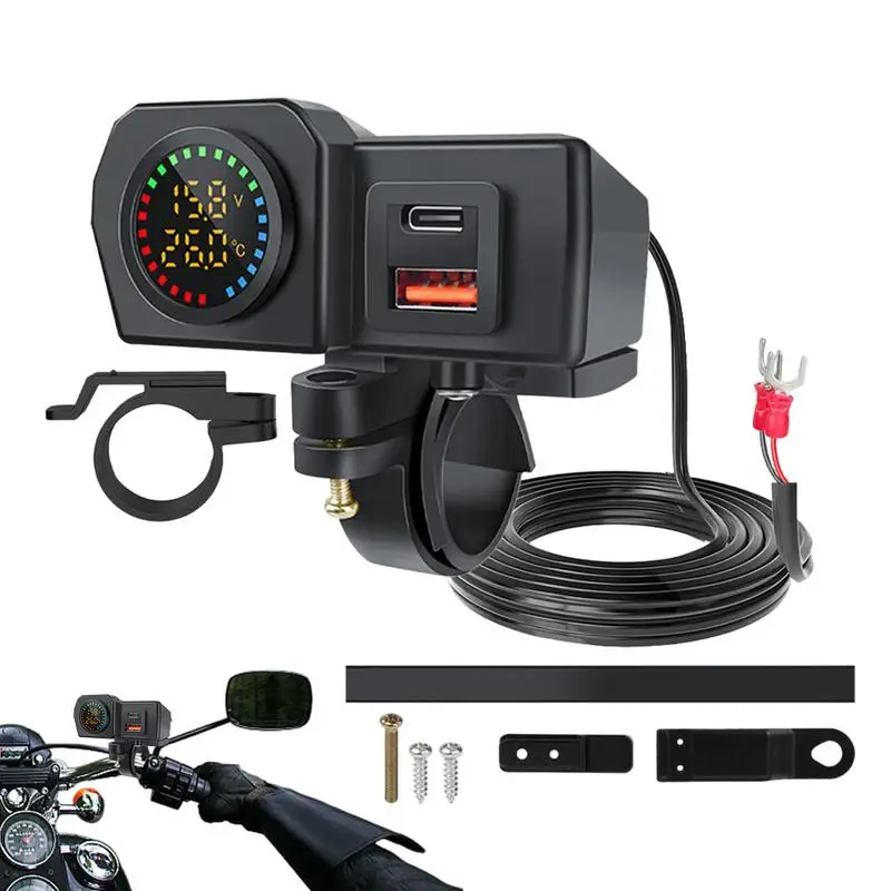 

48W QC3.0 USB With Type-C Adapter Digital Display Voltmeter Thermometer Waterproof Motorcycle Fast Charger Plug Kit