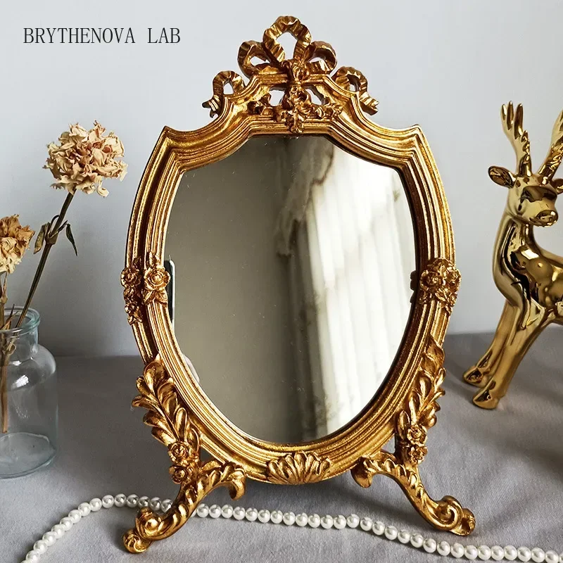 European Style Makeup Mirror Desktop Creative Single-sided Golden Carved Resin Retro Mirror Living Room Wall Decoration