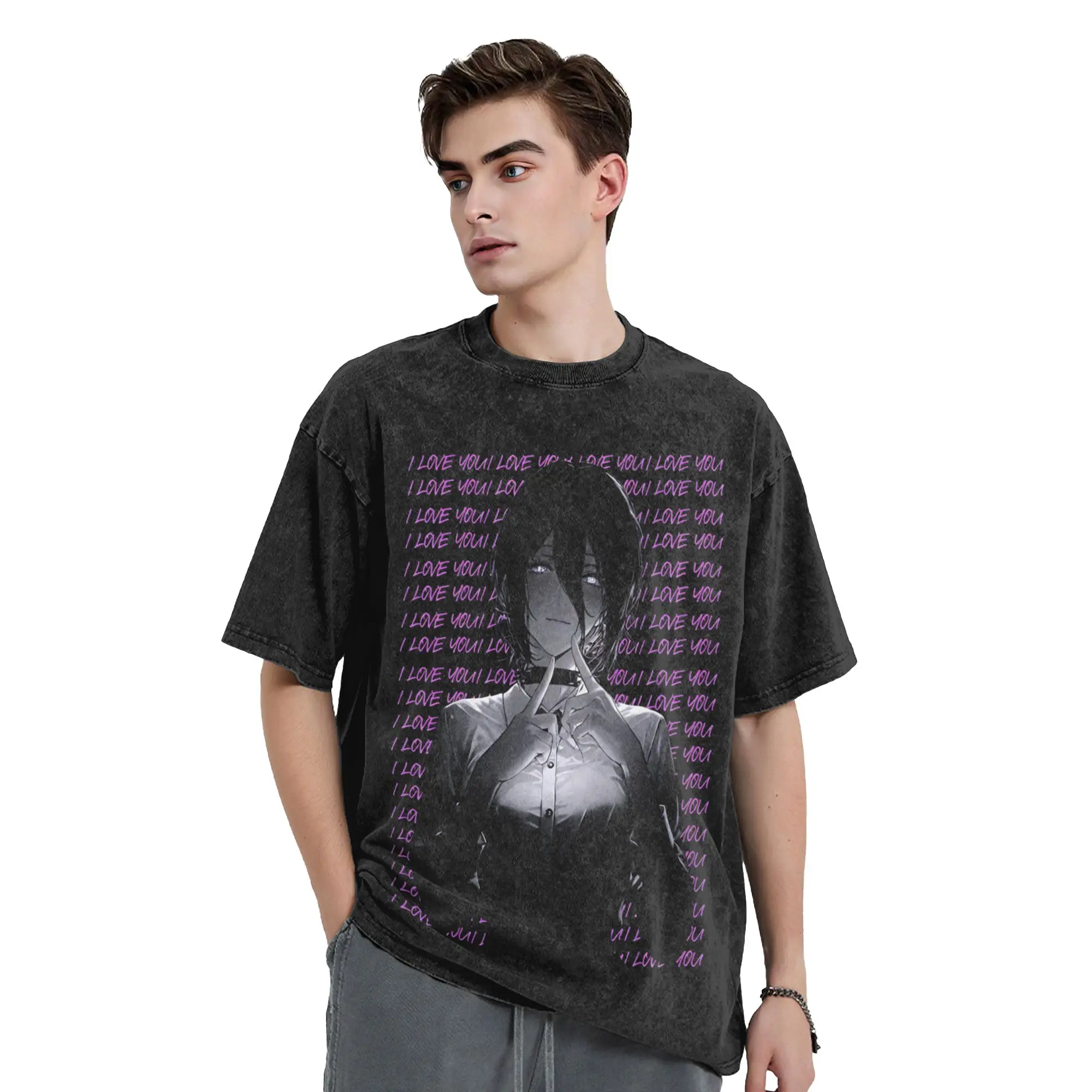 I Love You Chainsaws Man Reze Vintage Washed T Shirt Men's 100%Cotton Tops Shirts Vintage Anime Round Neck Short Sleeve
