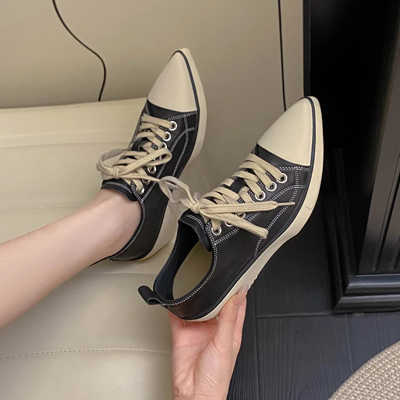 Women's Spring Autumn Large Size Wedge Heel Increased Pointed Toe Low-top Shoes 2026 New Fashion Stitching Design Casual Shoes