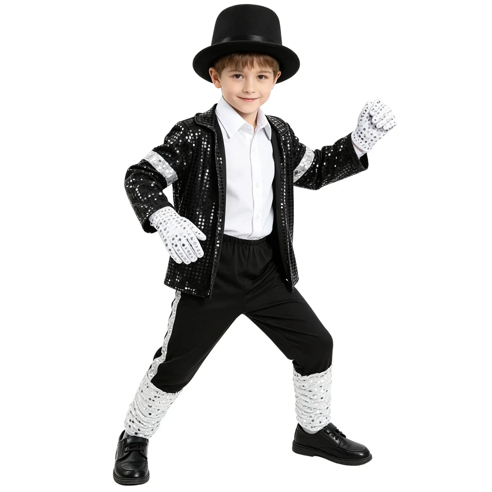 Kinder 80er 90er Glänzendes Metallic-Tanzstar-Outfit Mädchen Jungen Cosplay-Kostüm-Set für Jungen Mädchen Bühnenparty Karneval Halloween – Detail 10