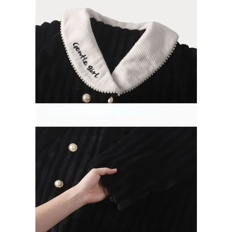 2024 New Coral Velvet Pajamas Women Autumn Winter Thickened Plush Loungewear Jacquard Flannel Warm Double Breasted Homewear