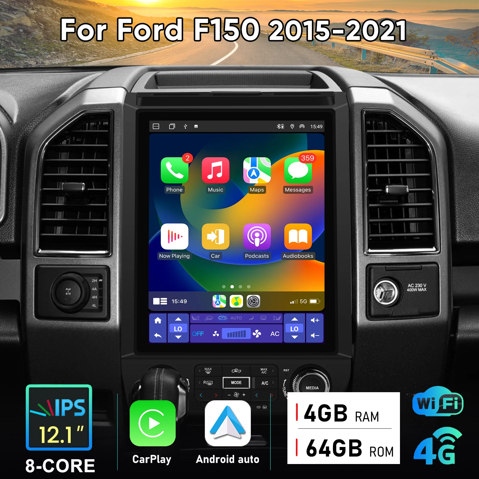 Junsun Android 15 Car Multimedia Player Touch Screen Head Unit Stereo Radio For Ford F150 2015 2016 2017 2018 2019 2020 2021  Built In Wireless Carplay Android Auto GPS Navigation Bluetooth 5.0 4G LTE 5G WiFi AI Voice Control