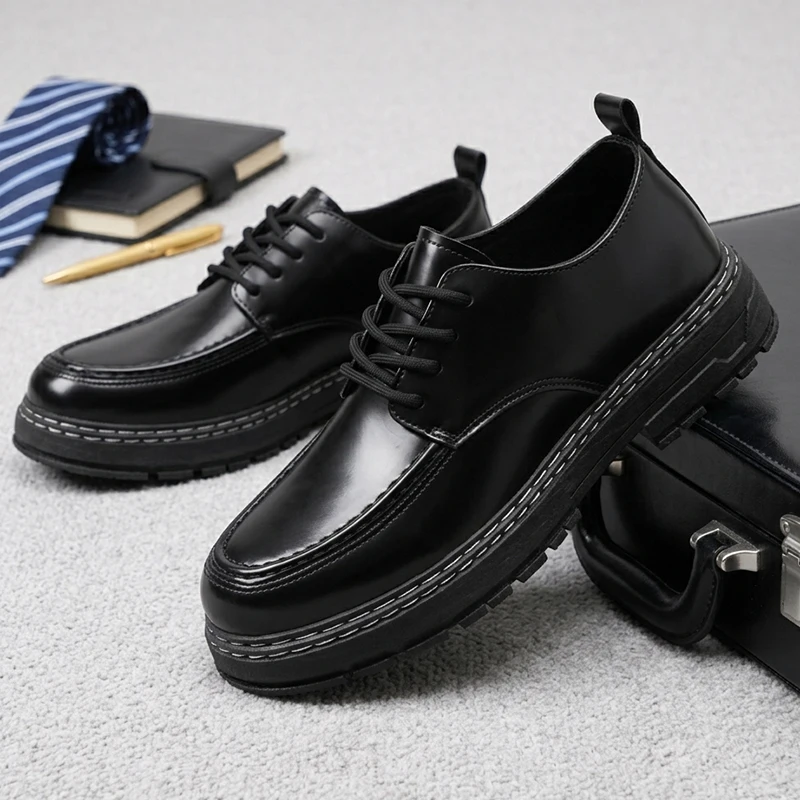 Sapatos de Couro Clássicos Masculinos com Plataforma Chunky, Oxfords Pretos com Cadarço para Negócios