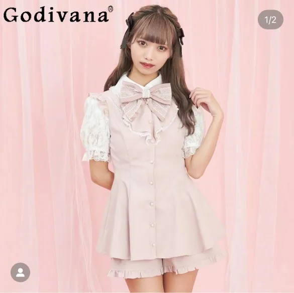 

Japanese Mine Bow Lace Stitching High Waist Slim-Fit Dresses 2024 Summer New Fashion Sweet Y2k Lolita Elegant Short Sets Woemn