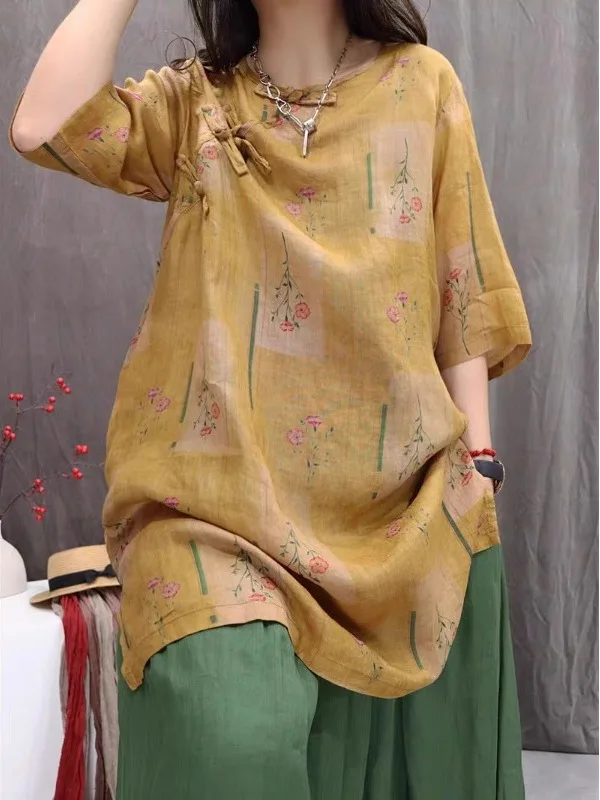 

2025 Spring Summer Print Slant Collar Button up irt Dr Women Commute Slimming Versatile Overhead mid Length Top
