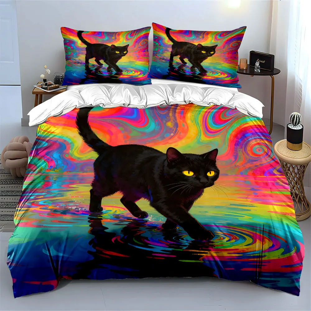 Black cat walking on colorful water Print Bedding set 3PC 1 duvet cover 2 pillowcases adult and children bedding set Luxury
