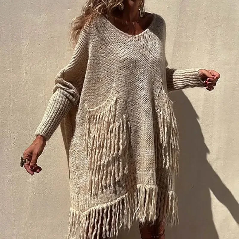 

Tassel knitted Sweaters Women V-neck Loose Thick Warm Sweater Female Spring New Trendy Casual Elegant Ladies Clothes
