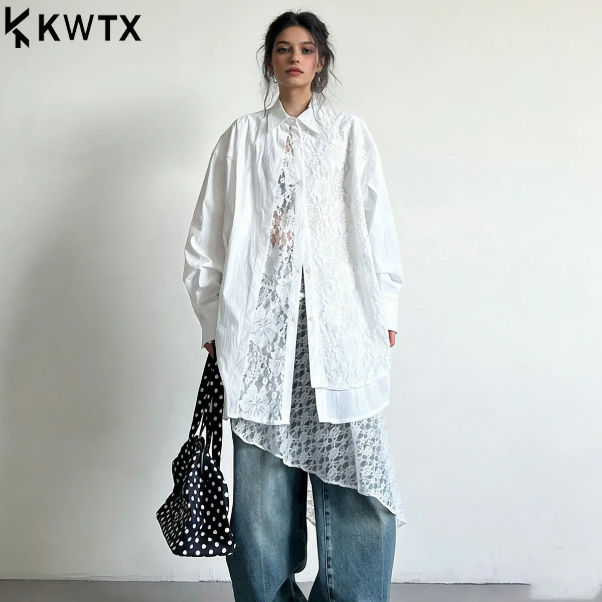 

KWTX New Women’s White Lace Patchwork False Two Piece Long Sleeve Blouse Oversized Loose Design Spring Summer 2026 Shirt