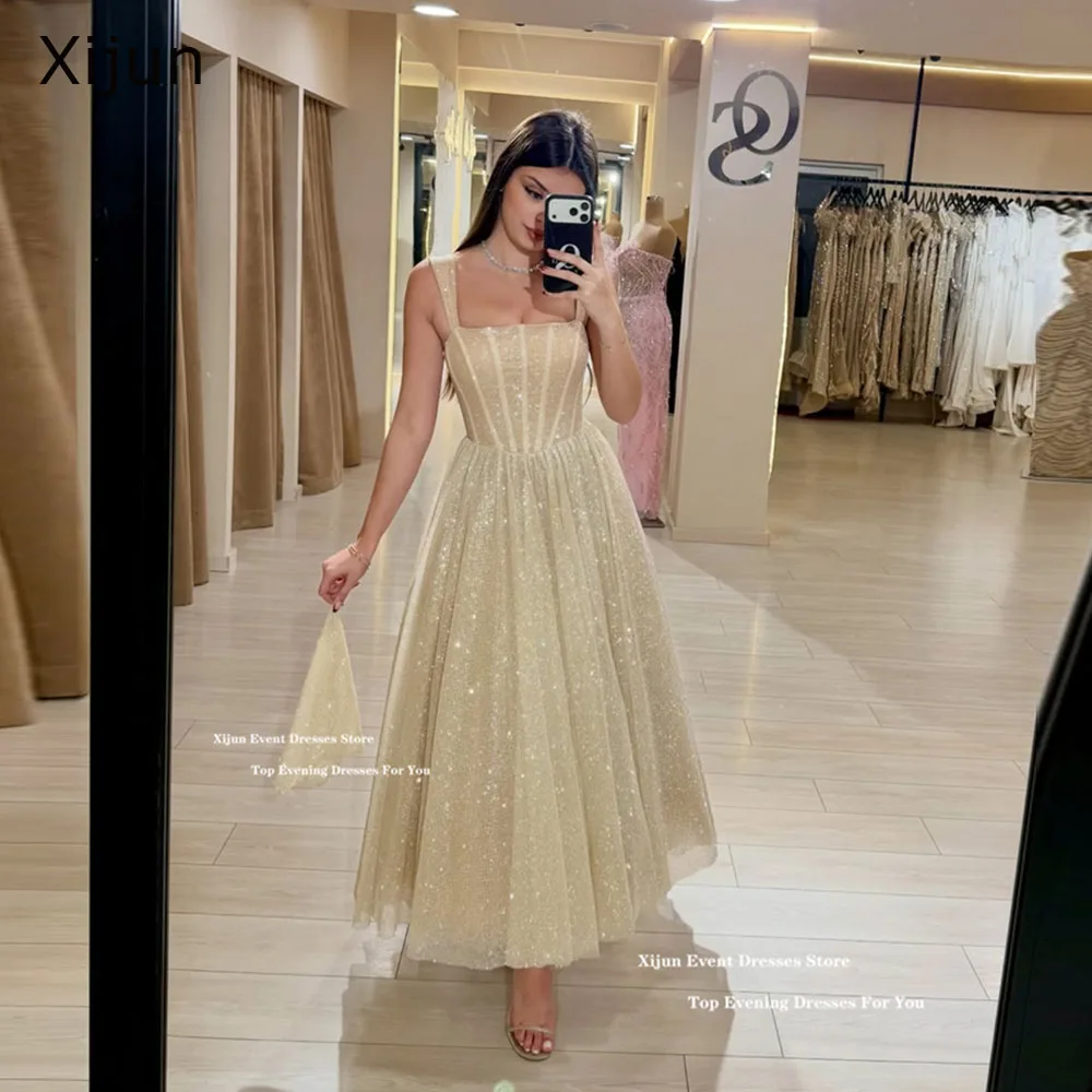 

Xijun Glitter Champagne Evening Dresses A-Line Spaghetti Strap Midi Prom Dresses Sleeveless Formal Wedding Party Gown Customized