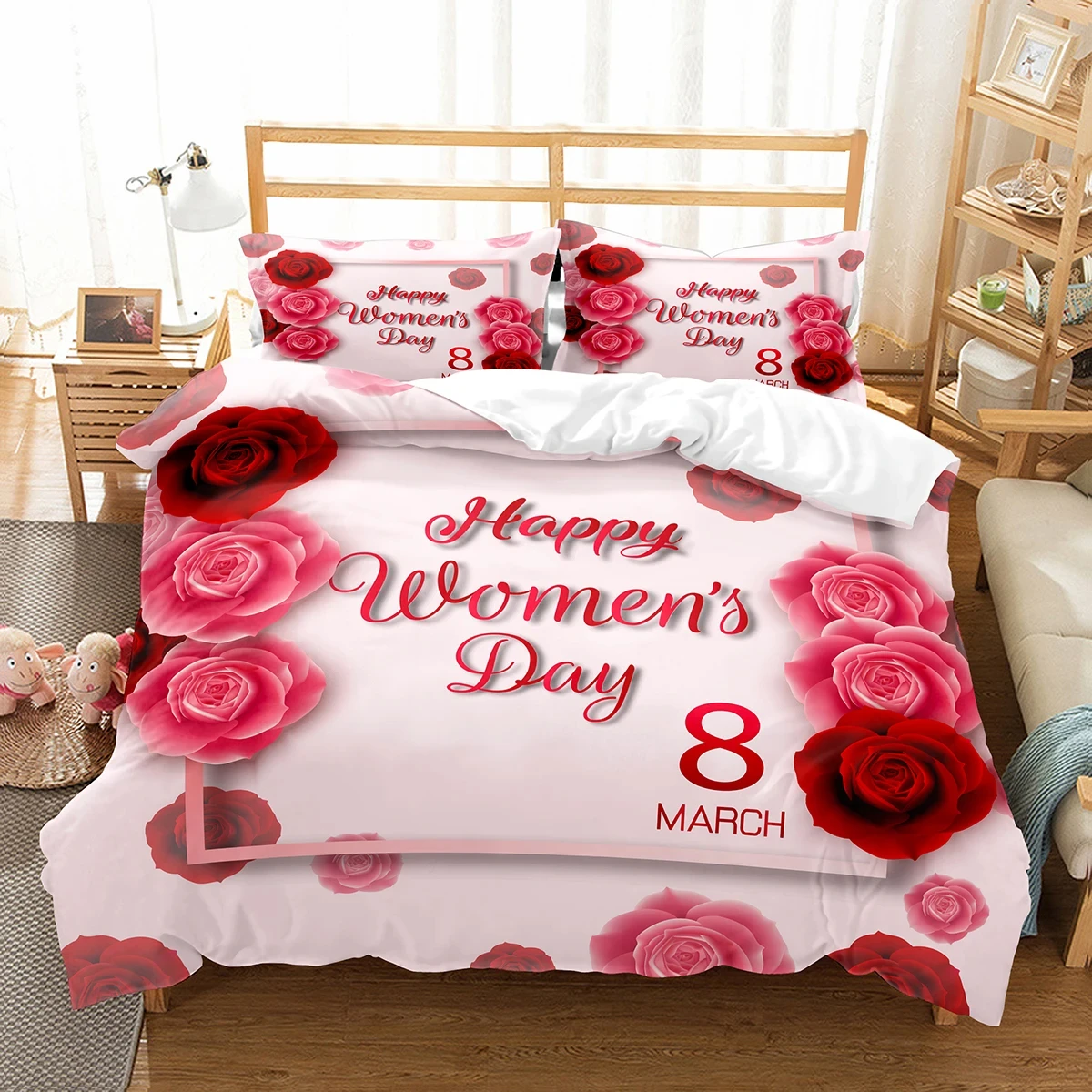 Romantic Floral Duvet Cover Set Happy Women's Day Bedding Set Polyester March 8 Comforter Cover Single King Size For Mother Gift