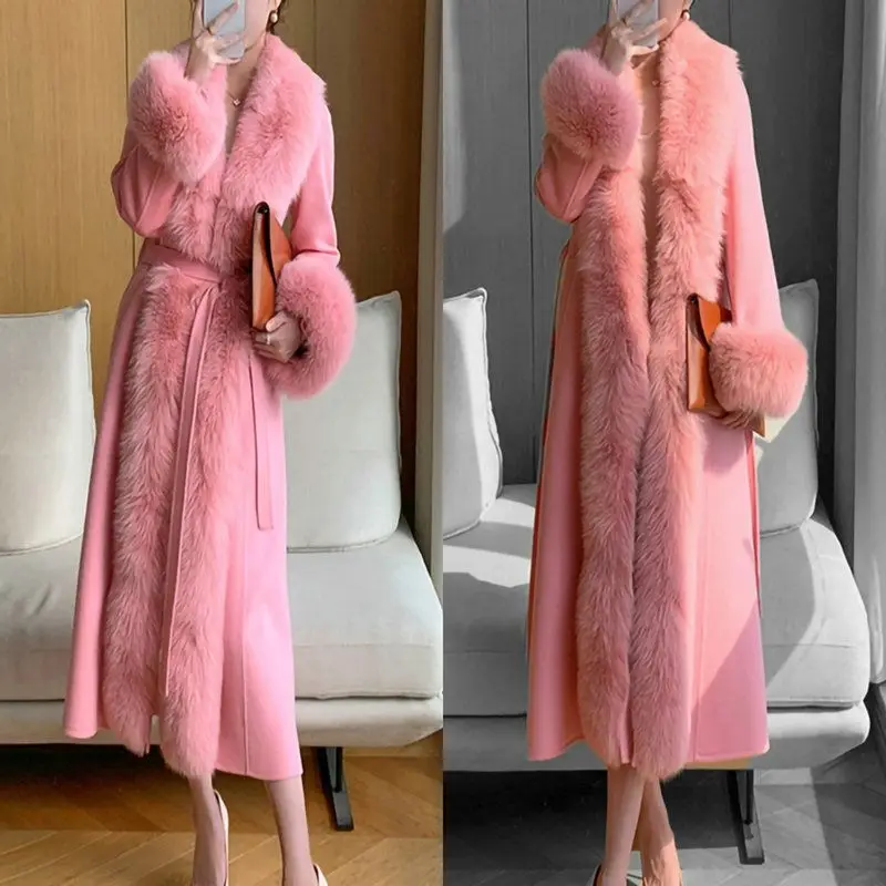 Women 2023 New Winter Mink Coat Long Cashmere Coat Fox Fur Collar Thickened Woolen Coat Imitation Fur All-match Hin Thin