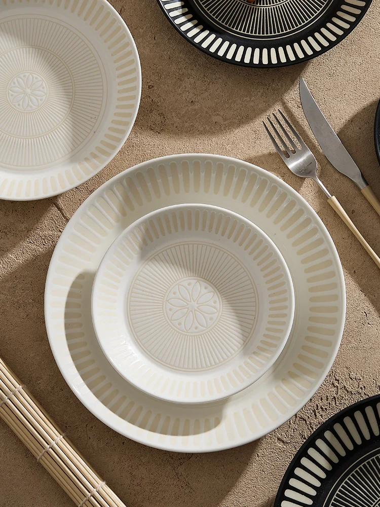 Japanese Ceramic Plates Advanced Printing Relief Deep Dishes Shallow Dishes Cutlery Dishes Household Main Dishes Restaurants