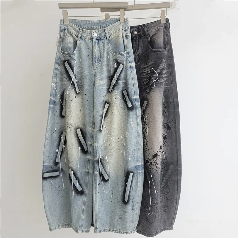 

2026 Summer New American Retro Distressed Graffiti Jeans Women's Loose Wide Leg Pants