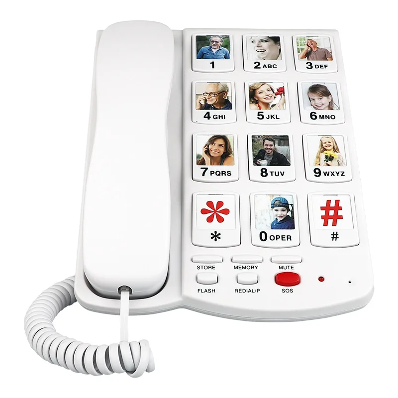 Wired telephone landline, elderly phone, dual-button dialing, large buttons, adjustable volume, replaceable photo