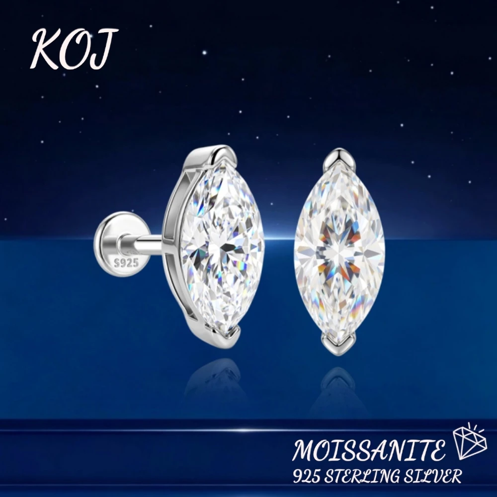 KOJ 1PC S925 Silver Marquise 1CT Cut Moissanite Stud Earring Screw Back Flat Piercing Earring Hypoallergenic For Women Gift