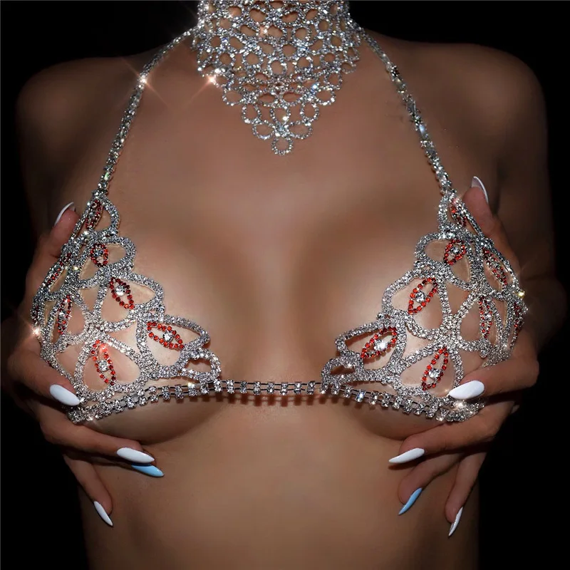 Hot Selling Luxury Rhinestone Body Chain, Sparkling and Sexy Heart-shaped Bikini, See Through Bra Thong Set Accessories