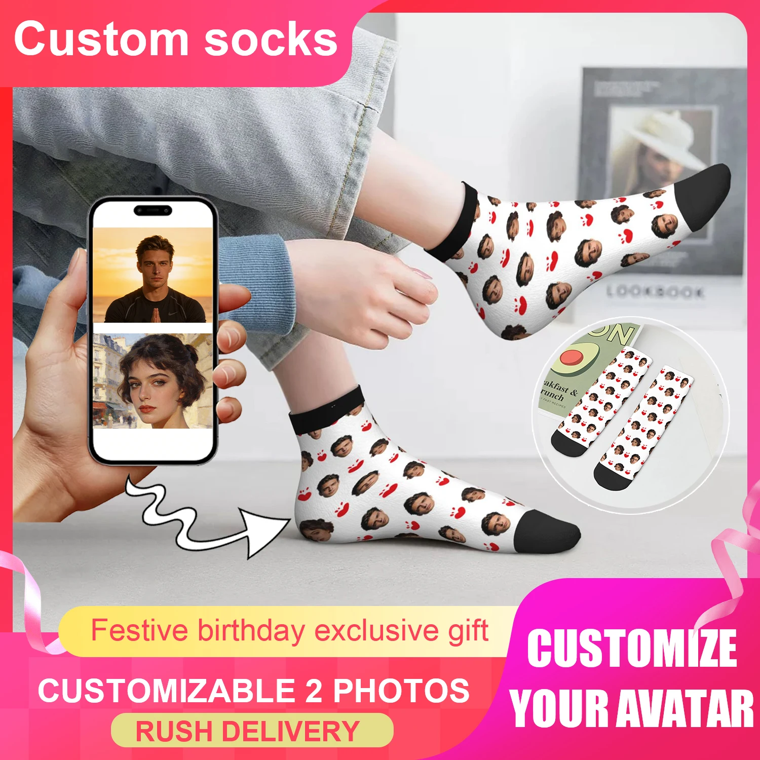 

Короткие носки с аватаром по индивидуальному заказу для мужчин и женщин, носки с фото на заказ, носки с персонализированными картинками, фотоноски, персонализированные подарки