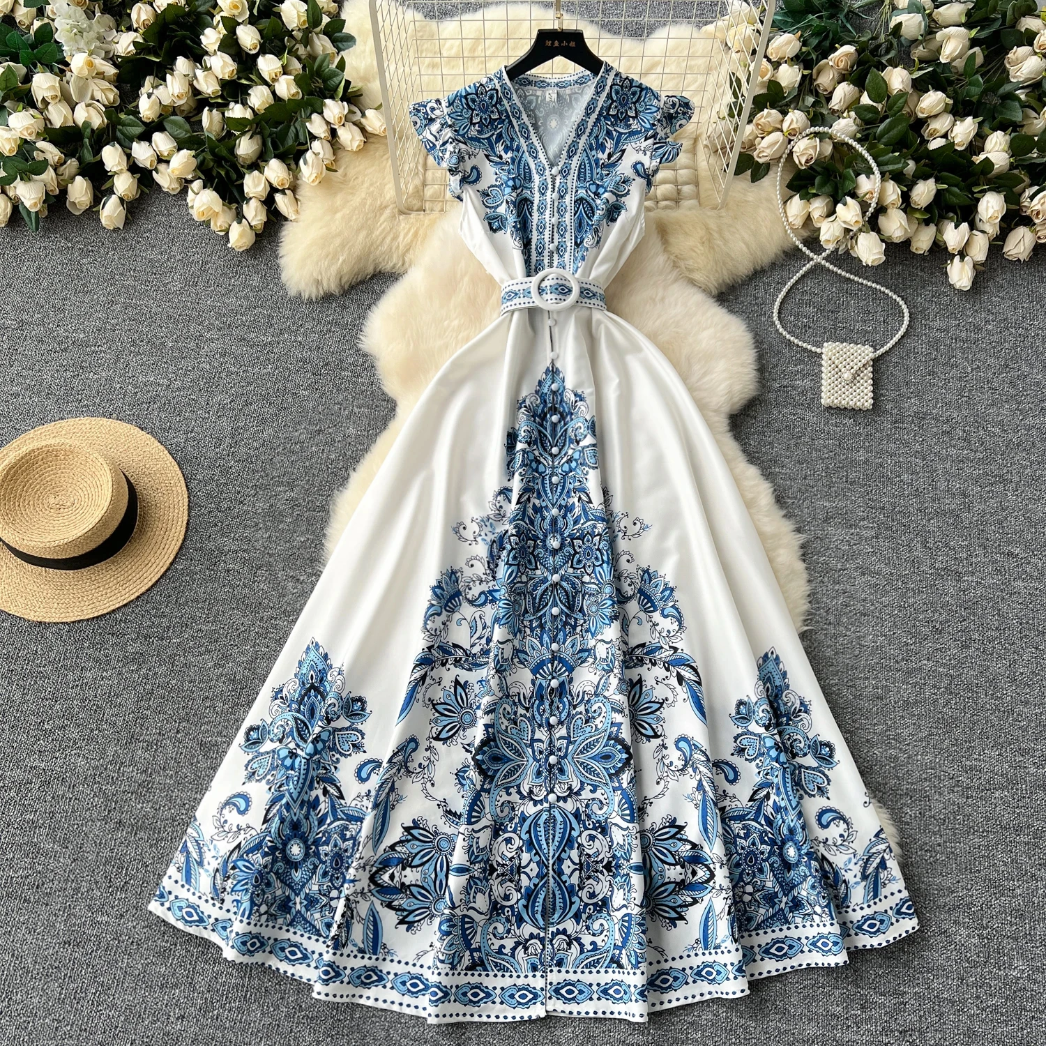

2025 Summer Women Clothing Runway Fashion Paisley Print Flying Sleeve V-Neck Single Breasted Belted Vintage Party Long Vestidos