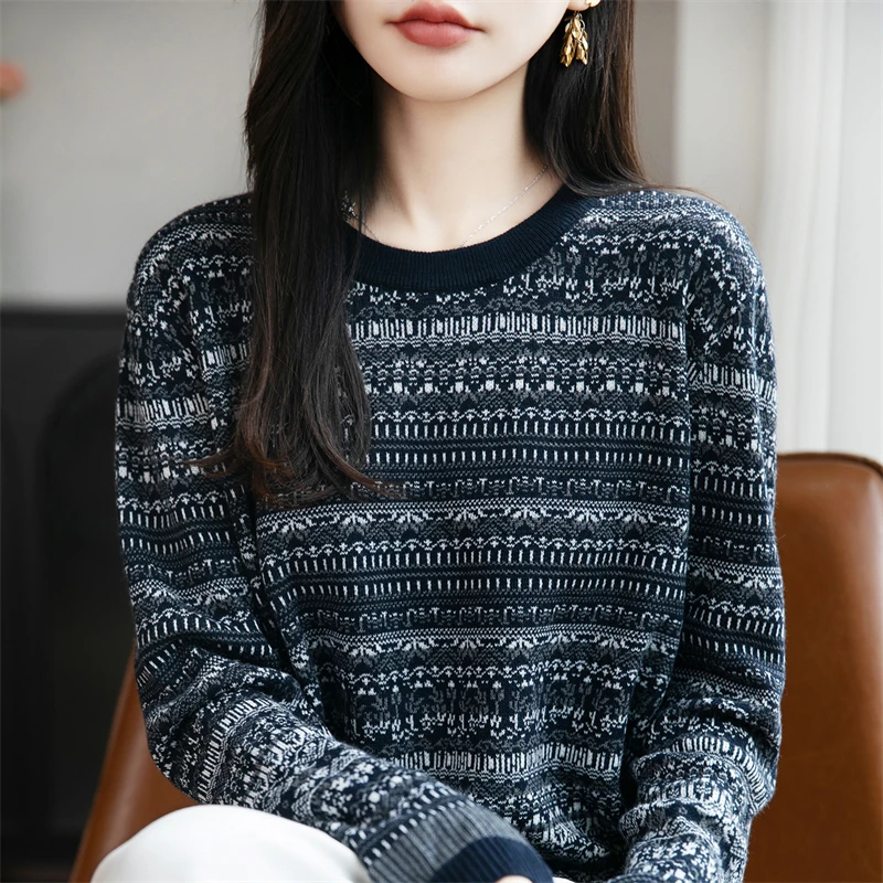 Autunno e inverno nuovo maglione di lana color block da donna moda coreana lavorato a maglia O-collo pullover allentato top da donna di vendita caldo