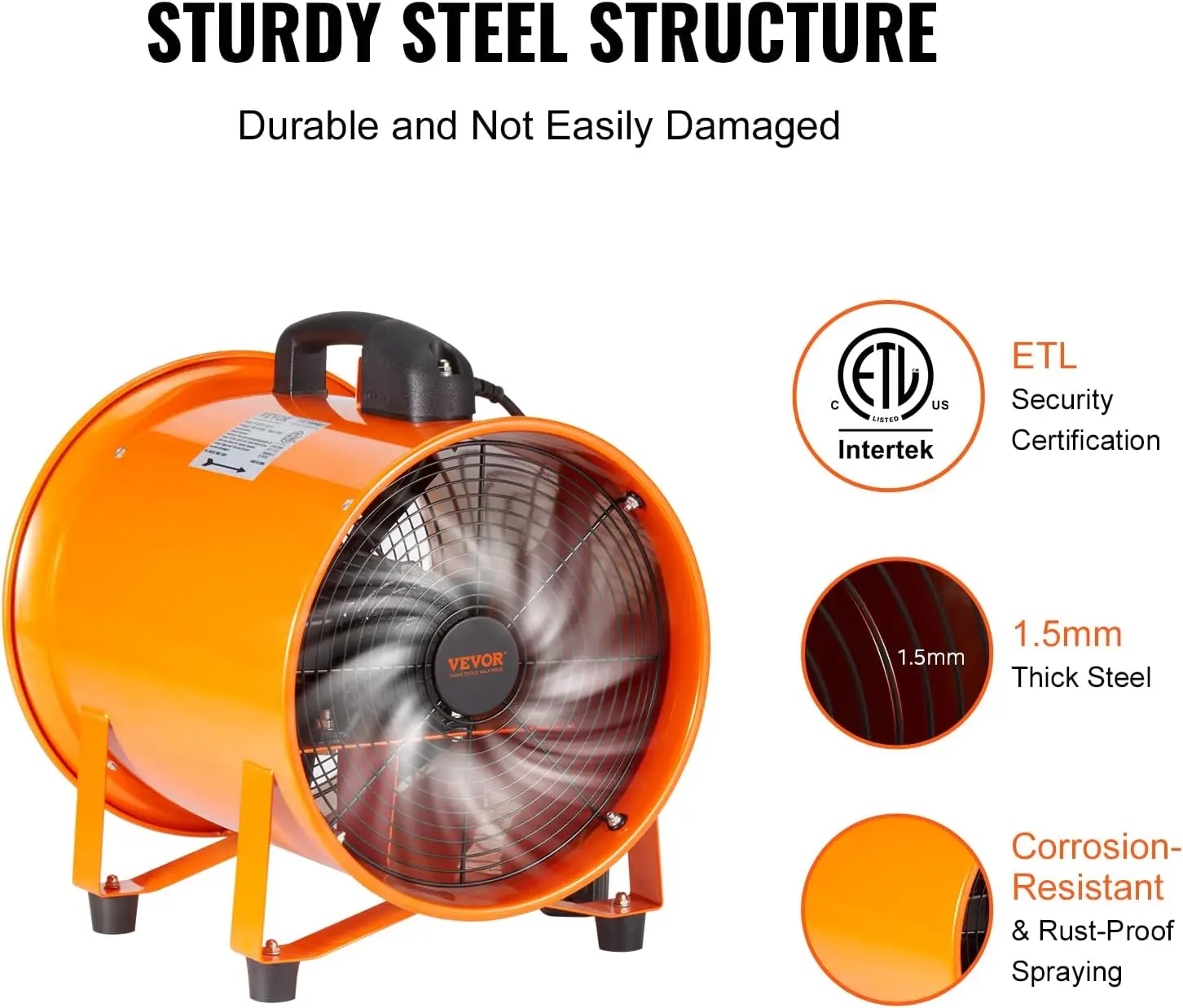 Soplador de aire portátil de alta resistencia de 8 pulgadas con 1070CFM, conducto flexible de 33 pies para ventilación industrial