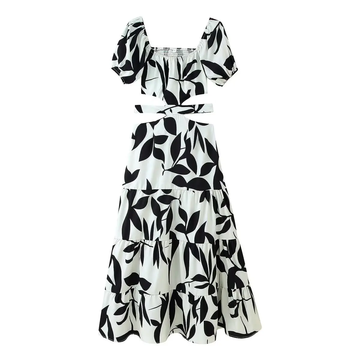 

Cross-border 2025 summer French hot sale new women's printed V-neck fashion hollow waist-exposed dress