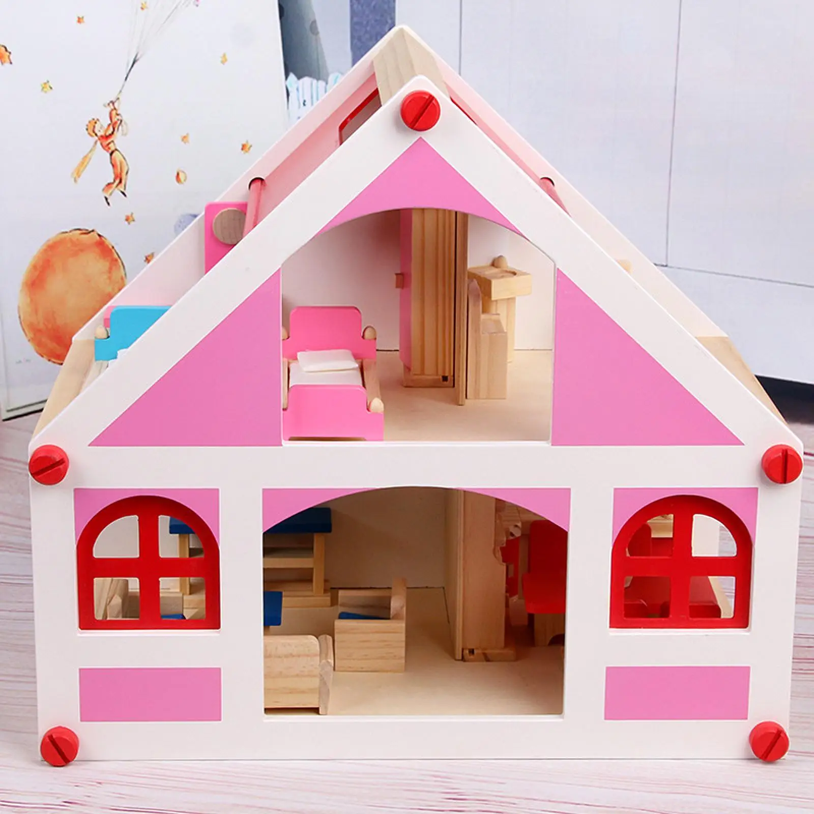 Puppenhaus-Bastelhaus-Villa aus Holz mit Möbeln und Accessoires, Rollenspiel für Mädchen ab 3 Jahren, Kindergeburtstagsgeschenk