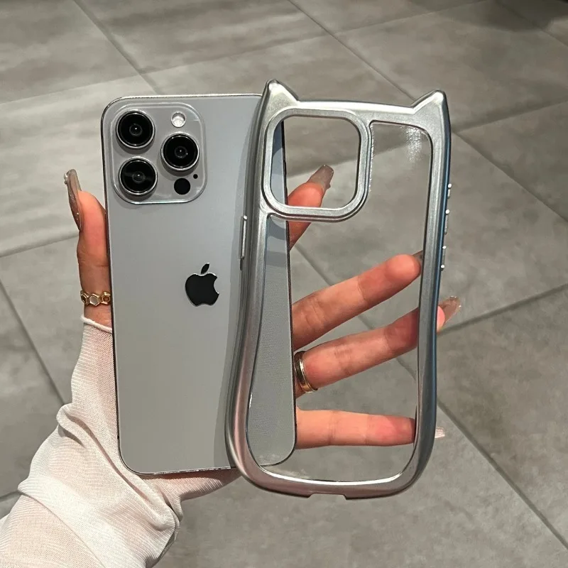 Luxury Plating Soft Silicone Cute Cat Ears Armor Bumper Case For iPhone 16 15 Plus 14 13 12 11 Pro Max XS XR 8 Shockproof Cover