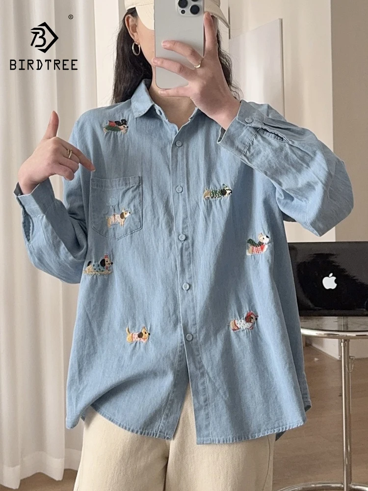 

New 2025 Autumn Long Sleeve Denim Shirt, Women Turn-down Collar Cartoon Embroidery, Mori Girl Sweet Casual Loose Blouse T57823CC