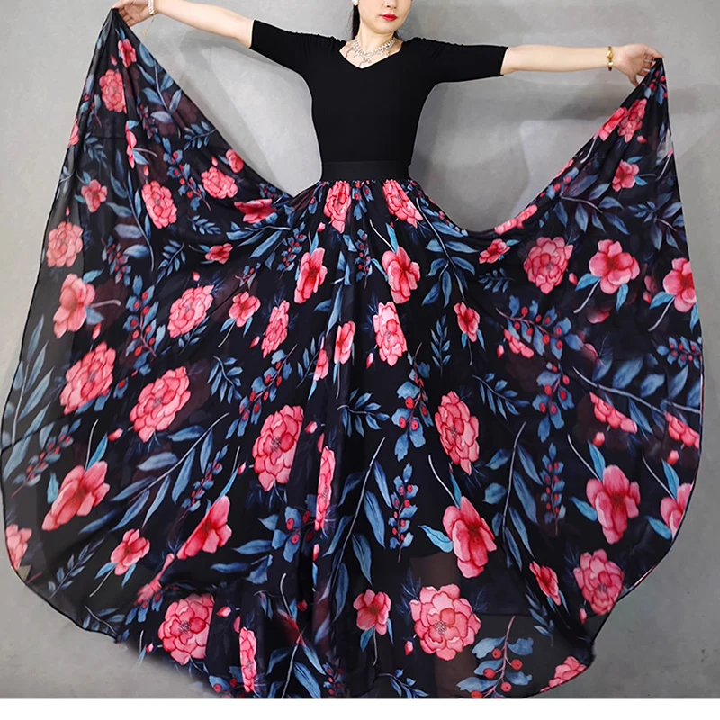 2024 Summer Elegant Long Skirt with Pink Floral Patterns , Skirts Womens , Female Skirt , Women\'s flowy skirtLong Skirt Summer