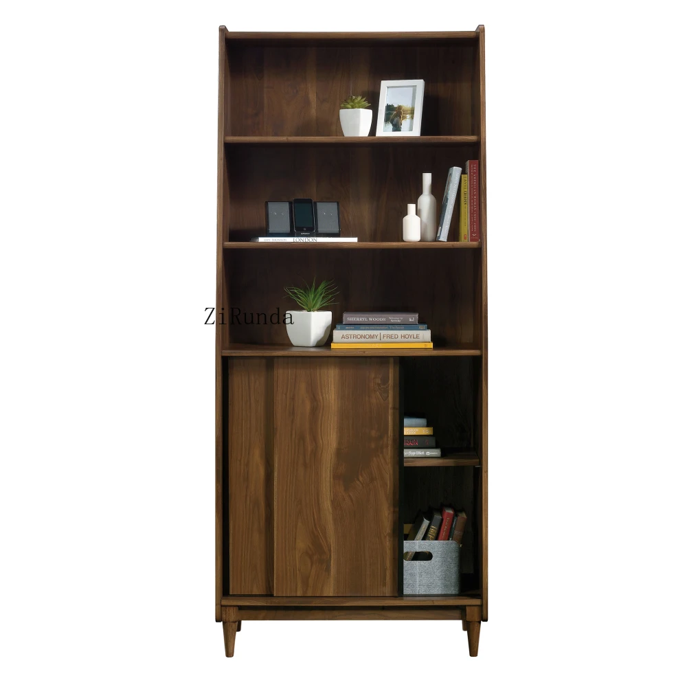 Mid-Century Modern Wide Bookcase with Storage, Brown finish Engineered Wood Mid-Century Modern