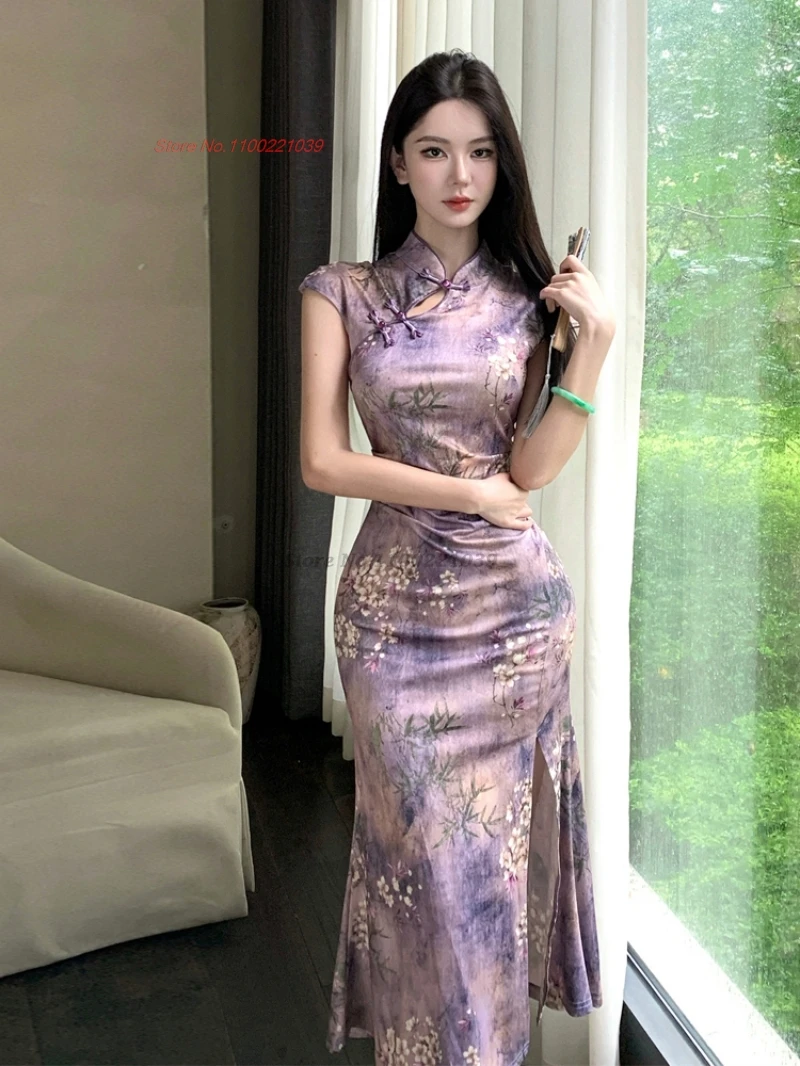 

Китайское сексуальное платье 2021, улучшенное Cheongsam, национальный цветочный принт, без рукавов, со складками, Ципао, вечернее платье для ночного клуба, банкета, Ципао