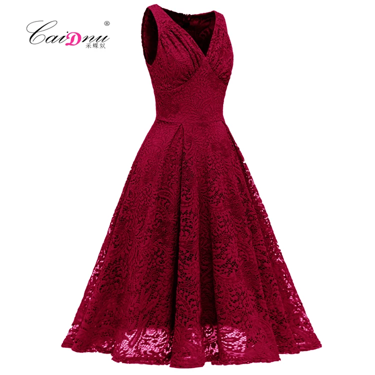 HotSweet ガールセクシーな夏のレースのドレス中空アウトノースリーブ V ネックミッドカーフフェスティバルドレスエレガントなイブニングパーティードレス XK013