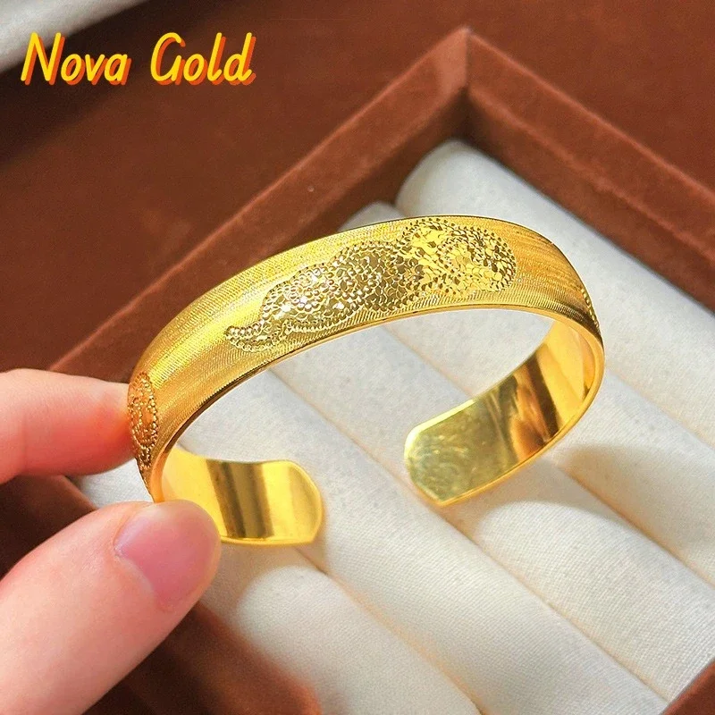 

NovaGlod 9999 24K real gold light luxury rich large bracelet brushed wide face CNC crushed ice Xiangyun open female bracelet