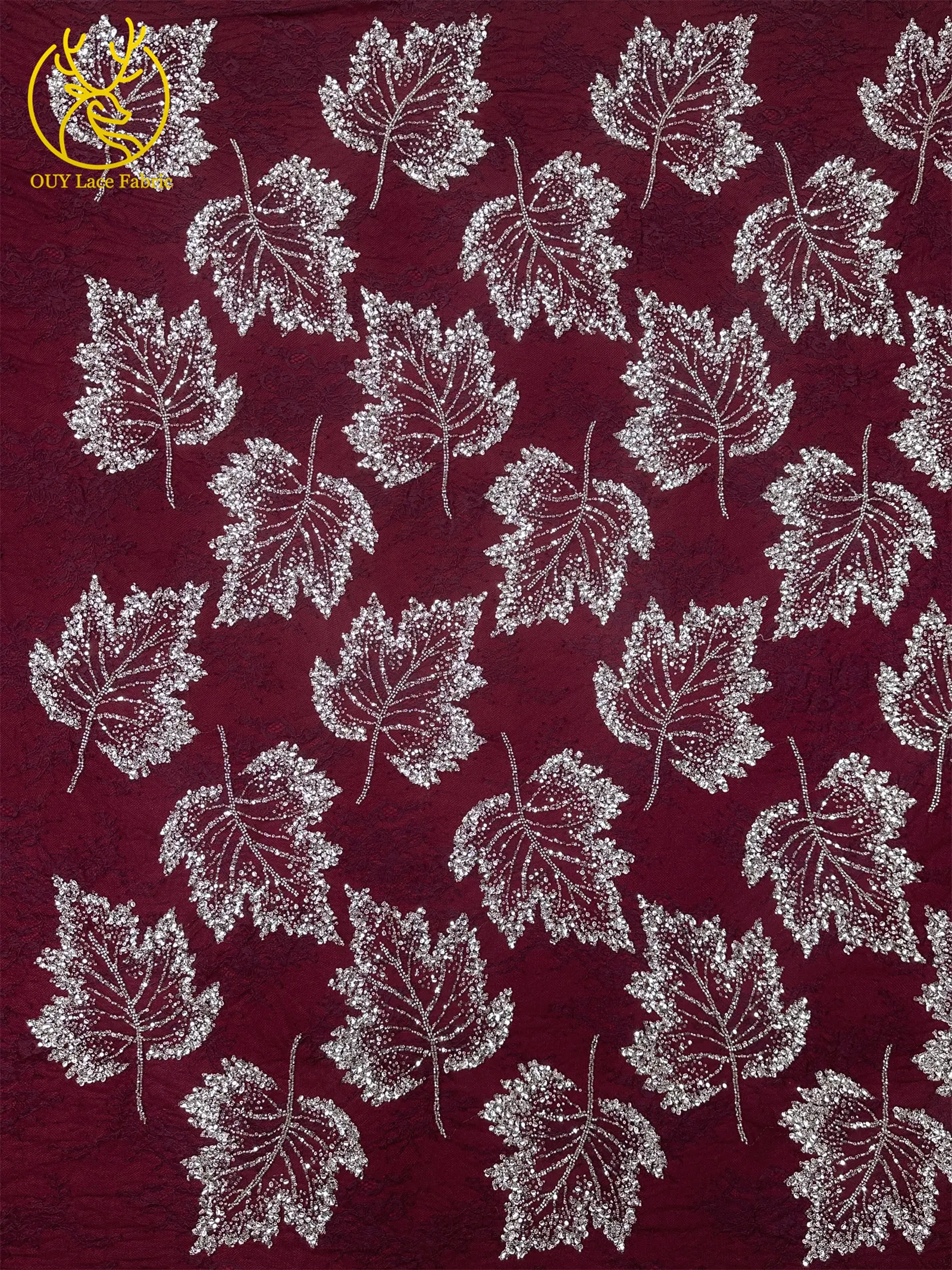 Weinroter afrikanischer bestickter Perlen-Spitzenstoff, 5 Yards, französisches Blattmuster, Pailletten-Tüll-Spitzenstoff für Hochzeits- und Partykleider – Detail 8