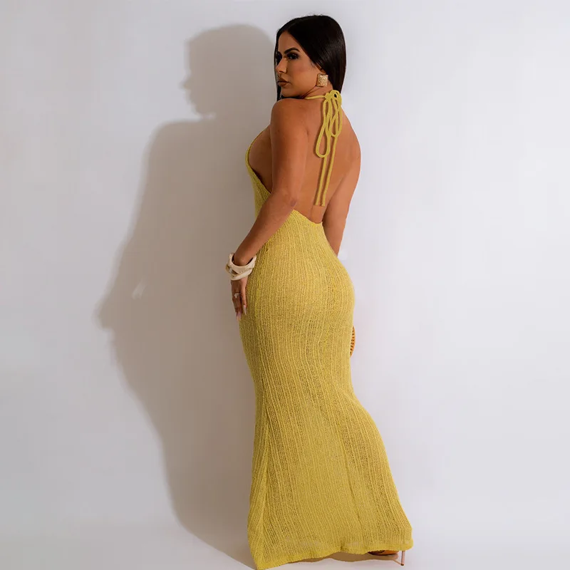 2023 Nowa damska seksowna spódnica plażowa w jednolitym kolorze z odkrytymi plecami i wiszącą szyją