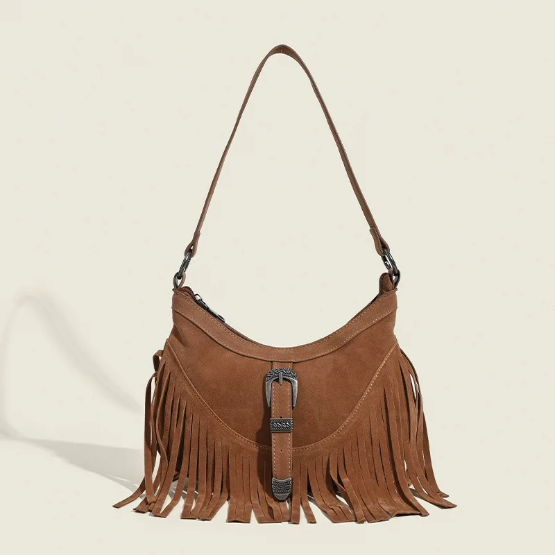

Tassel bag 2025 new retro personality simple and versatile crossbody bag deer leather velvet shoulder bag women's bag