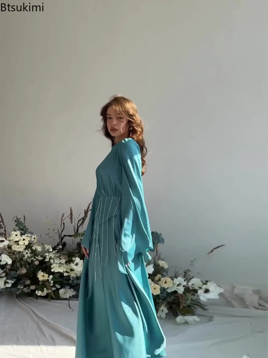 فساتين حريمي أنيقة 2025 ربيع جديد شرابة مضيئة كم فساتين ماكسي ضئيلة النساء الصلبة الساتان س الرقبة مثير فساتين الحفلات رداء