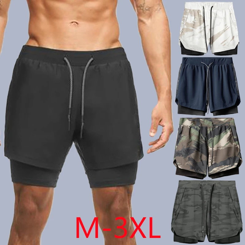 

Men's Double Layer Fitness Shorts Drawstring Mesh Lining Elastic Waist Breathable Quick Dry to Beach Pool Summer Male