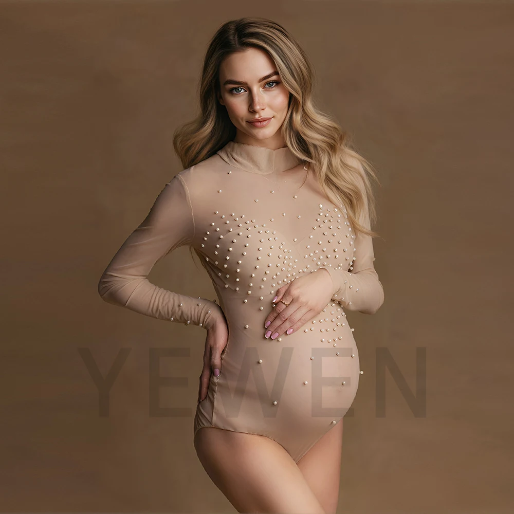 High Neck Stretchy Maternity Bodysuit Photography Props Pregnancy Woman Party Nude Slim Beading Top Pregnant Photo Shoot Session