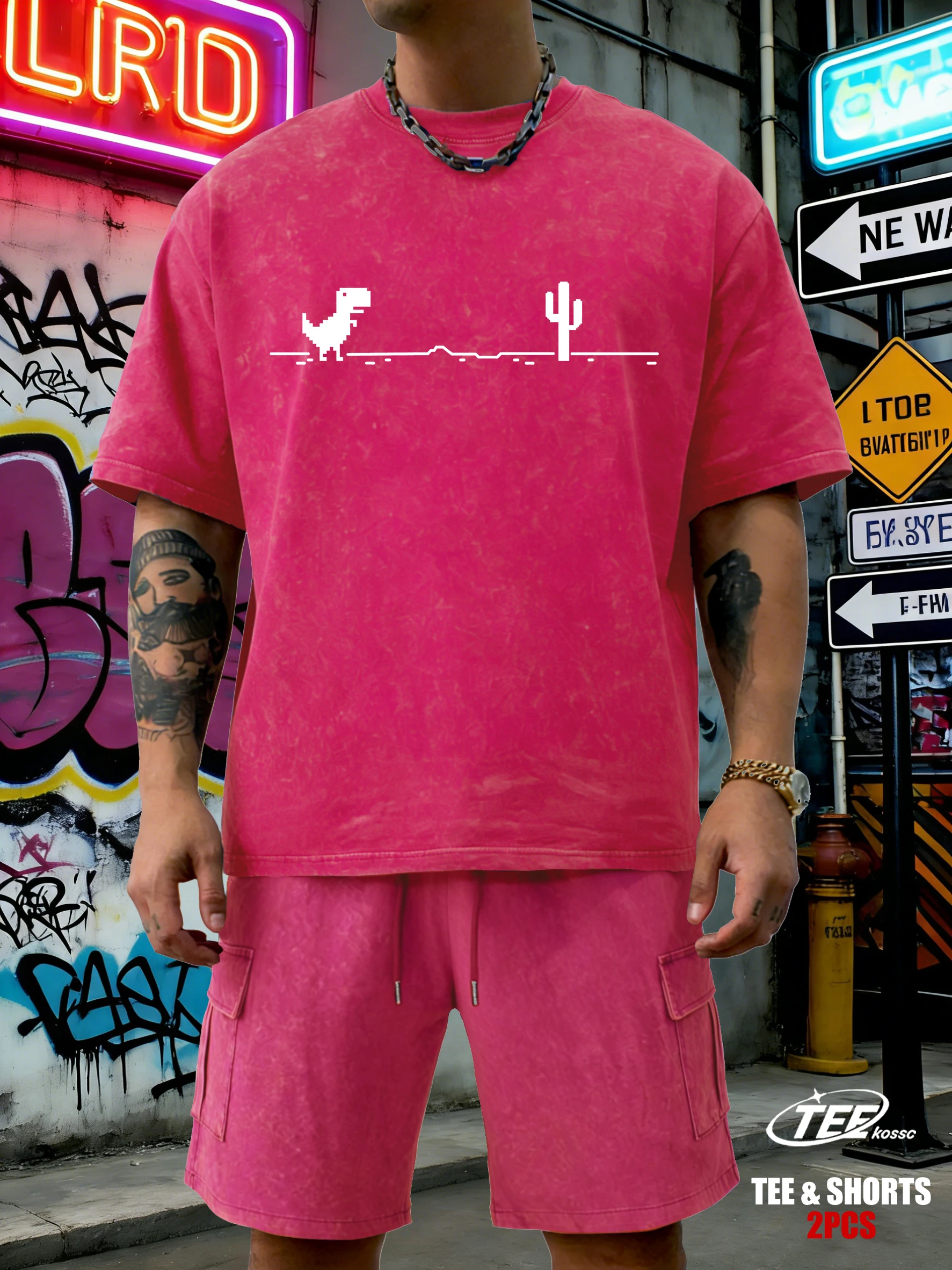 

Mosaic Game Cactus Little Dinosaur Retro Men T-Shirts Snow Wash Casual Tee Summer Loose Cotton Sportsuit Unisex Fashion Clothing