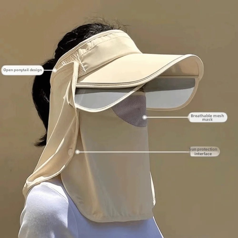 Detachable Shawl Wide Brimmed Sunshade Cap Breathable Solid Color UV Resistant Hat Stretchable Brim Adjustable Beach Empty Top