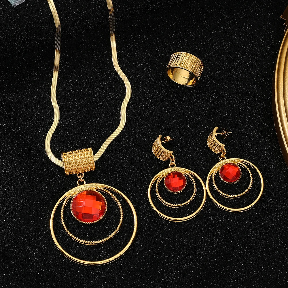 Stainless steel  Exaggerated large round pendant Necklace Earrings Ring Jewelry Set for women Jewelry Fashion Bridal Gifts