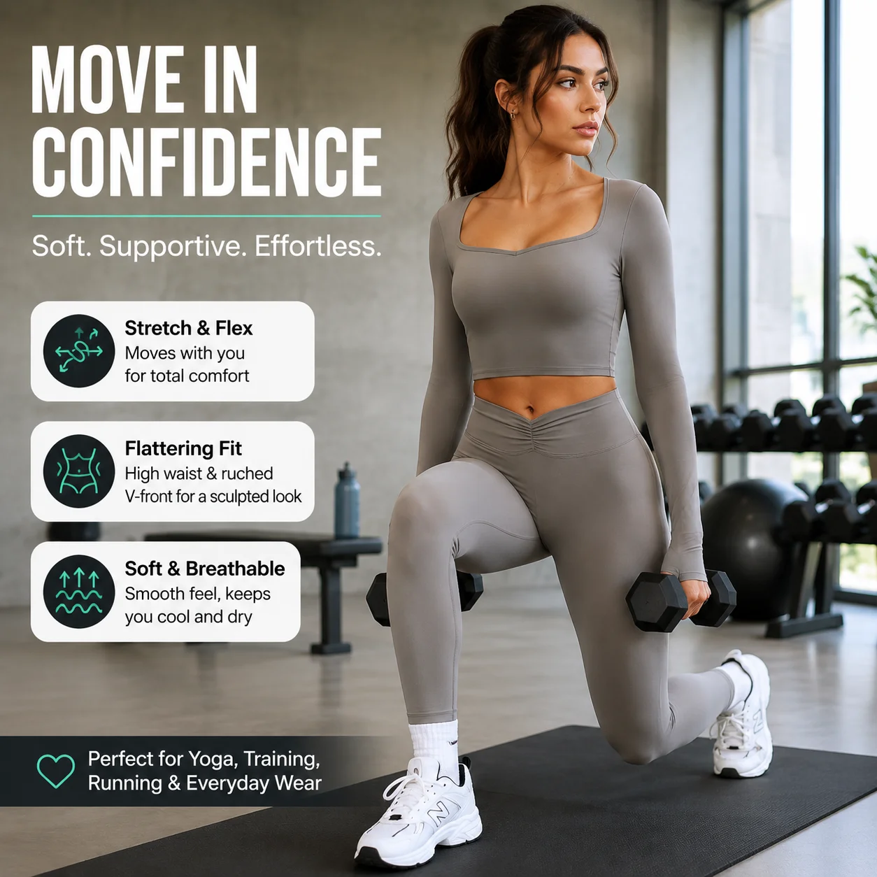Women's Square Neck Long Sleeve Crop Top & Ruched V-Waist Leggings Set - Tummy Control Squat-Proof Yoga Gym 2-Piece Suit, Multip