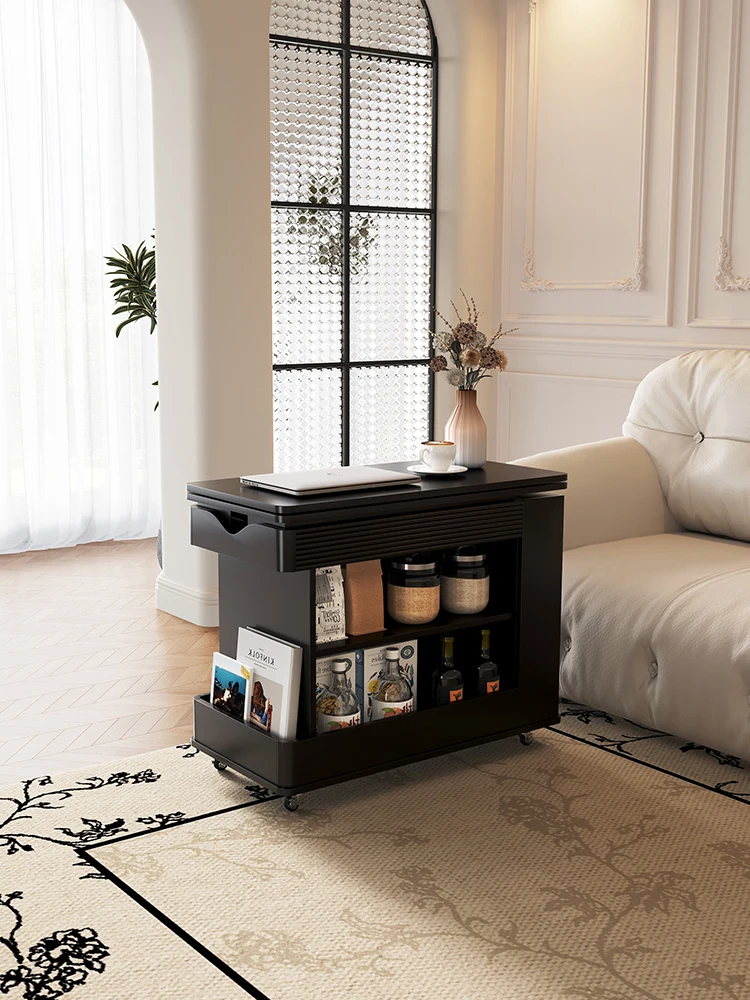 

French solid wood edge table lifting mobile coffee table modern living room black cart