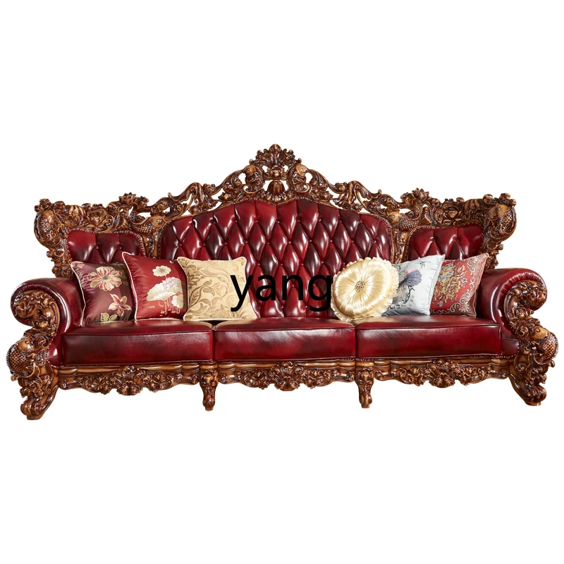 LH leather combination solid wood double-sided carved high-end luxury villa large-sized sofa