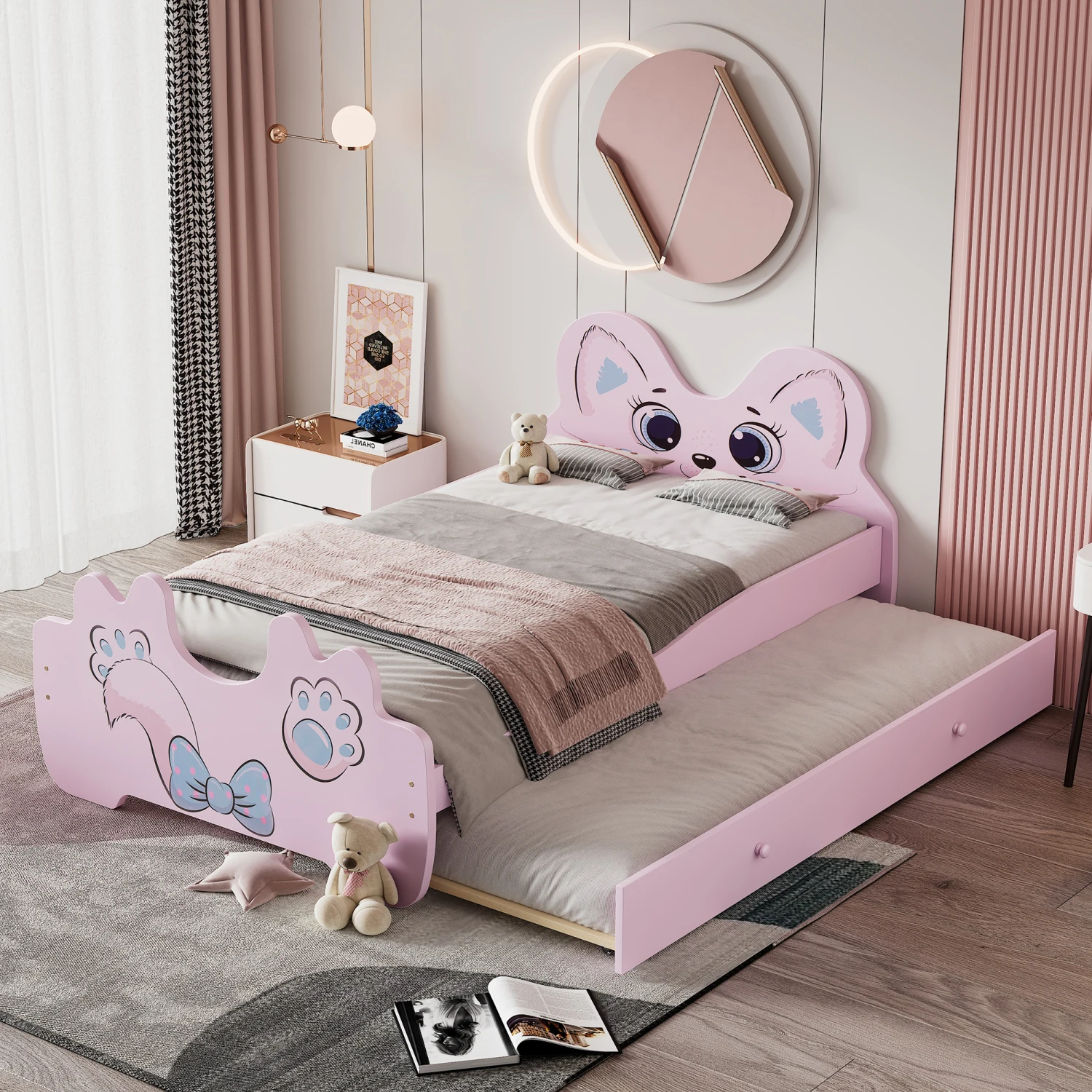 Twin Size Pink Cartoon Platform Bed with Trundle by Amazon